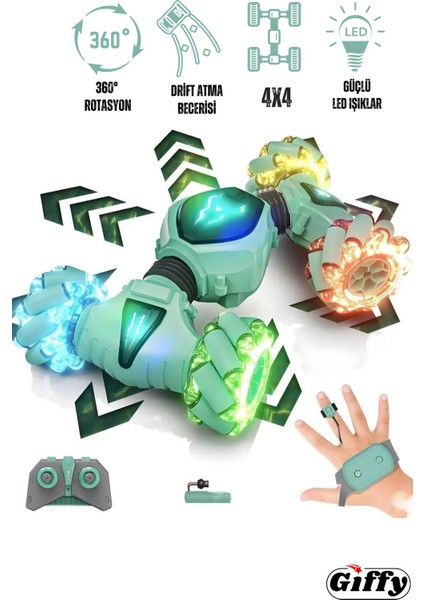 Oyuncak Uzaktan ve Bilek Kumandalı Şarjlı LED Işıklı Full Fonksiyon Akrobat Drift Araba