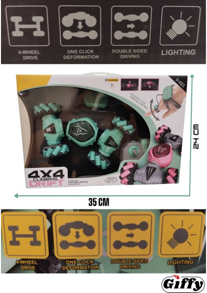 Oyuncak Uzaktan ve Bilek Kumandalı Şarjlı LED Işıklı Full Fonksiyon Akrobat Drift Araba