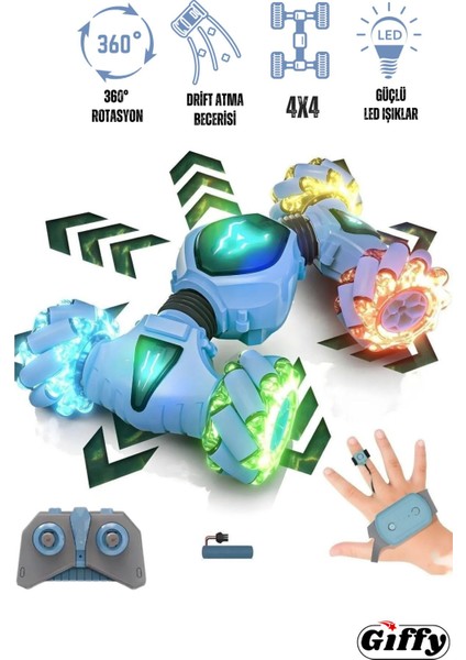 Oyuncak Uzaktan ve Bilek Kumandalı Şarjlı LED Işıklı Full Fonksiyon Akrobat Drift Araba