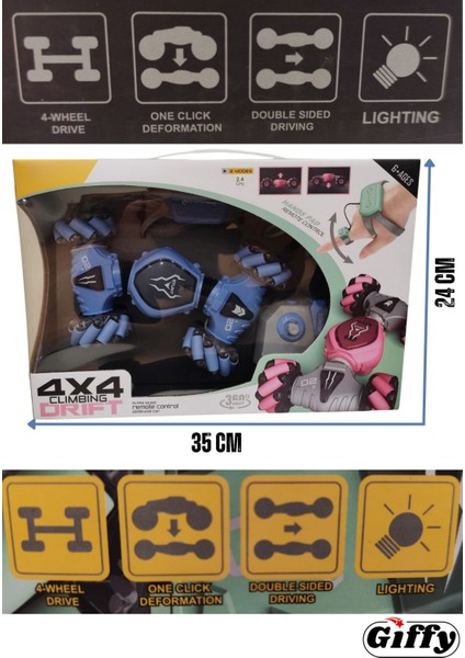 Oyuncak Uzaktan ve Bilek Kumandalı Şarjlı LED Işıklı Full Fonksiyon Akrobat Drift Araba