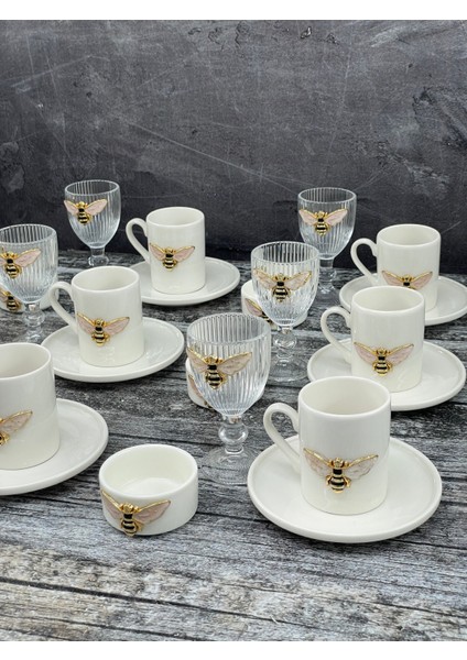 6 Kişilik Porselen Arı Fincan Takımı Seti ve 6 Adet Porselen Arı Lokumluk ve 6 Adet Cam Bardak