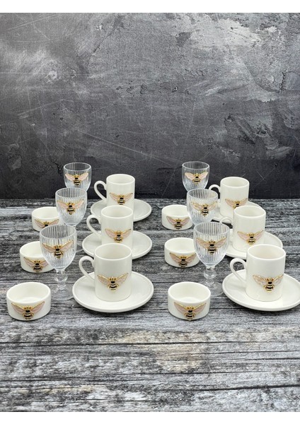 6 Kişilik Porselen Arı Fincan Takımı Seti ve 6 Adet Porselen Arı Lokumluk ve 6 Adet Cam Bardak fiyatları