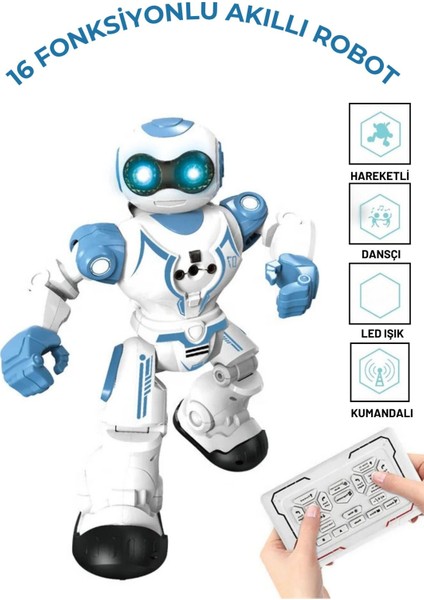Oyuncak 16 Fonksiyonlu Şarjlı Uzaktan Kumandalı Akıllı Robot Sesli Işıklı Programlama Dans Moonwalk
