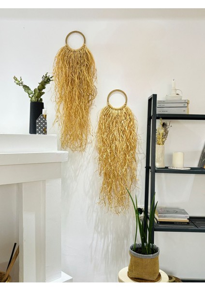 Doğal Rafya Çift Duvar Süsü, Iskandinav Tarzı, El Yapımı, Balkon Dekoru