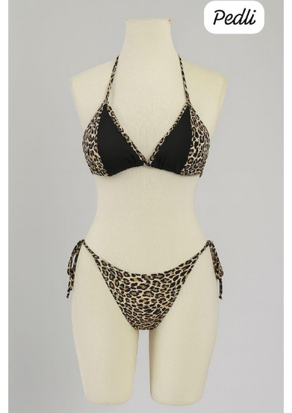 Kadın Siyah ve Leopar Detaylı Yandan Bağlamalı Bikini Takımı