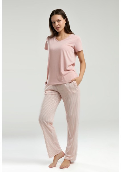 Kadın V Yaka Kısa Kol Çizgili Pijama Takım fiyatları