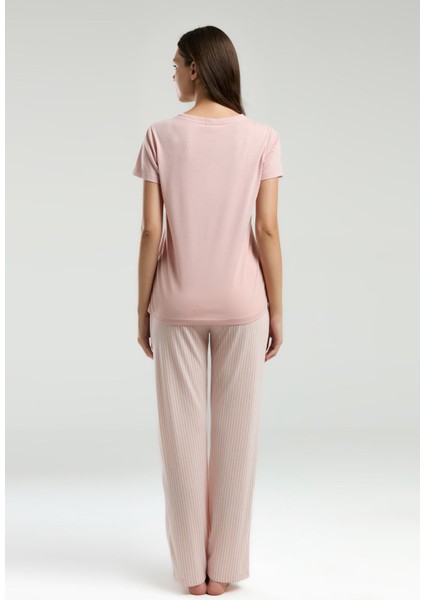 Kadın V Yaka Kısa Kol Çizgili Pijama Takım indirimleri