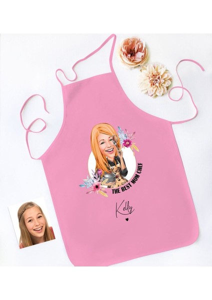 Kişiye Özel Renkli Karikatürlü Pembe Mutfak Önlüğü, Aşçı ve Şef Tasarımlı
