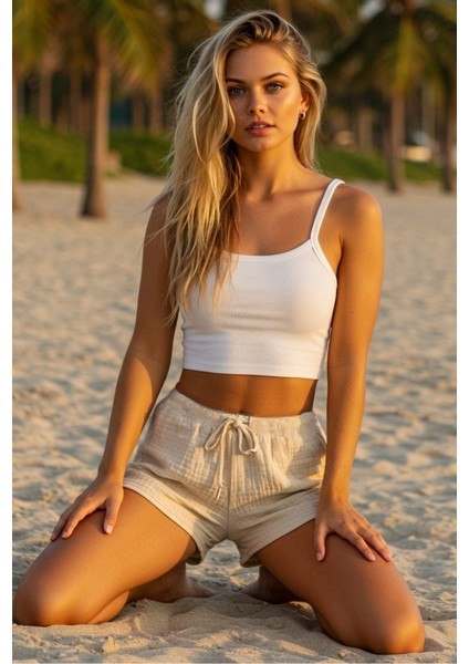 Belden Bağlamalı Kadın Müslin Şort