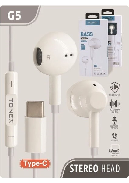 G5 Type-C Girişli Stereo Kablolu Kulaklık Süper Extra Bass fırsatları