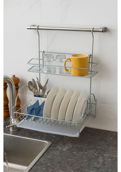 Çift Katlı Metal Tezgah Üstü Bulaşıklık, Bölmeli Tabak, Bardak ve Çatal Kaşıklık