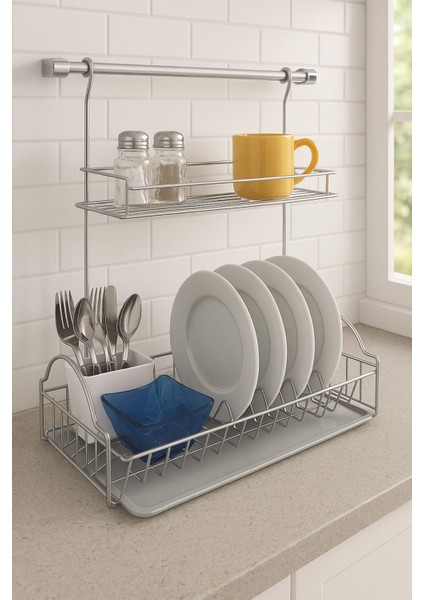 Çift Katlı Metal Tezgah Üstü Bulaşıklık, Bölmeli Tabak, Bardak ve Çatal Kaşıklık fiyatları