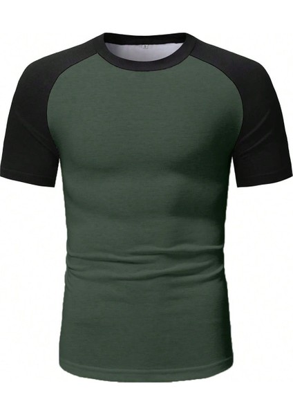 Asker Yeşili Bisiklet Yaka Omuzları Siyah Garni T-Shirt fırsatları