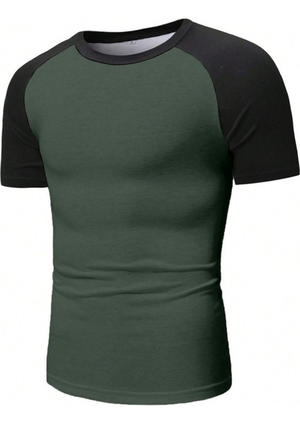 Asker Yeşili Bisiklet Yaka Omuzları Siyah Garni T-Shirt indirimleri