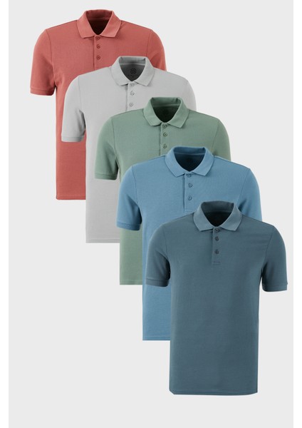Pamuklu Regular Fit Düğmeli Polo Yaka 5'li Paket T Shirt Erkek T Shirt 5902127S5