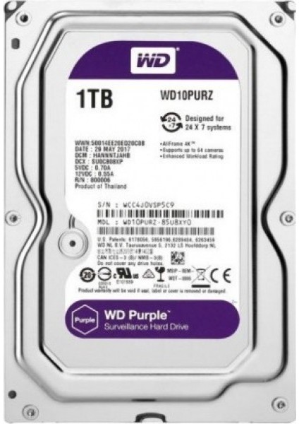 W.digital Purple 3.5" 1tb 5400RPM 64MB Sata3 WD10PURZ 7/24 Güvenlik Diski