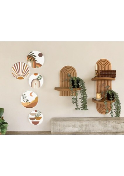 Kahverengi Oval 5 Parça Duvar Rafı ve Dekoratif Tablo Seti