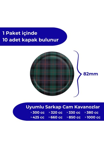 10 Adet Yeşil-Siyah Ekose Kavanoz Kapağı, 82 Mm, Hijyenik Paketli fiyatları