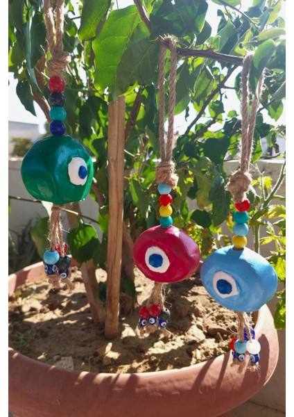 Mavi Renkli 3'lü El Yapımı Asmalı Nazar Boncuklu Bahçe ve Balkon Duvar Süsü