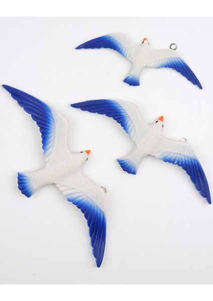 3'lü Kuş Martı Duvar Süsü, Balkon ve Bahçe Dekoru, Mavi Renkli Set