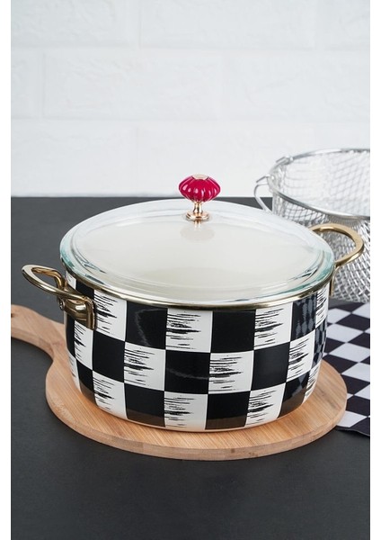 Kitchen Beyond Dama Desenli Emaye Kızartma Tenceresi – 22 Cm, Siyah-Krem fiyatları