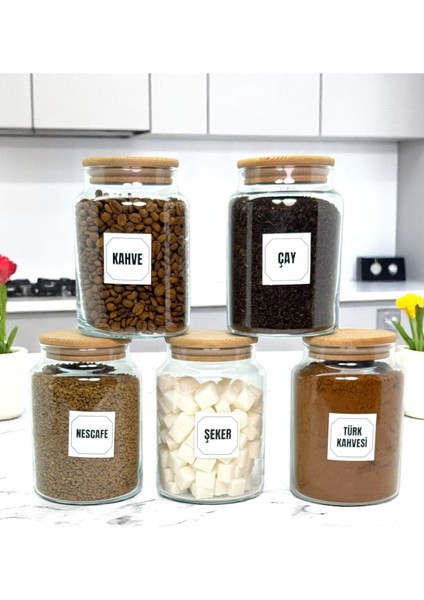 5'li Ahşap Vakum Kapaklı Cam Saklama Kavanozu Seti, 800 Ml, Renkli, Kahve ve Çay Için. modelleri
