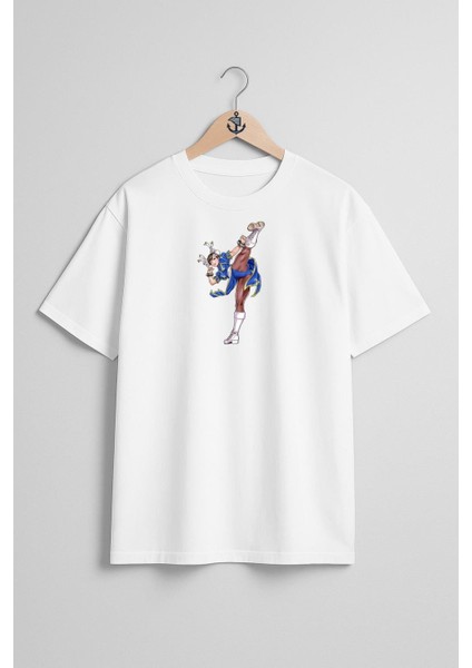 Oversize Chun-Li Cammy Street Fighter Göğüs Tasarımlı Unisex T-Shirt