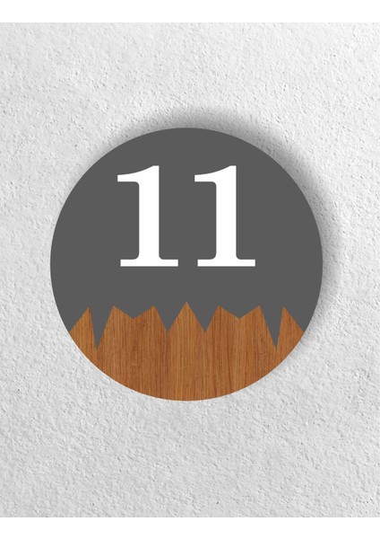 Yuvarlak Metal Kompozit - Ahşap Apartman Site -Daire Otel Ofis Kapı Numarası - Kapı No:11 On Bir