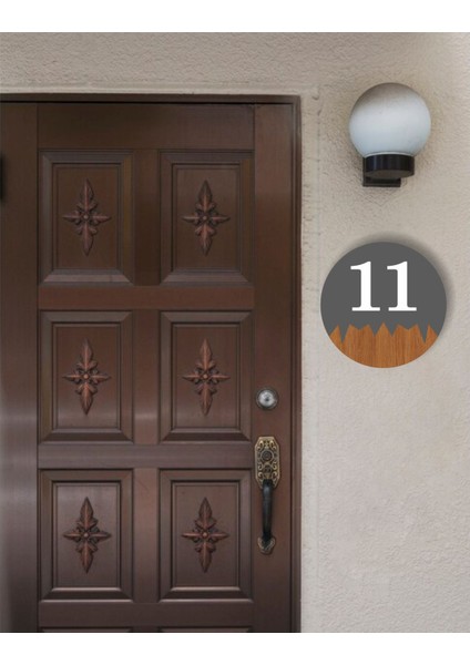 Yuvarlak Metal Kompozit - Ahşap Apartman Site -Daire Otel Ofis Kapı Numarası - Kapı No:11 On Bir modelleri