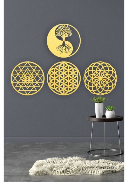 Spiritüel 4'lü Duvar Seti, Yaşam Çiçeği, Yantra, Torus ve Yin Yang Motifleri