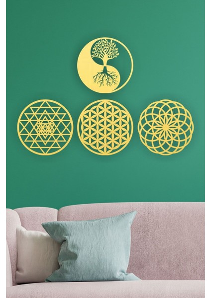 Spiritüel 4'lü Duvar Seti, Yaşam Çiçeği, Yantra, Torus ve Yin Yang Motifleri modelleri