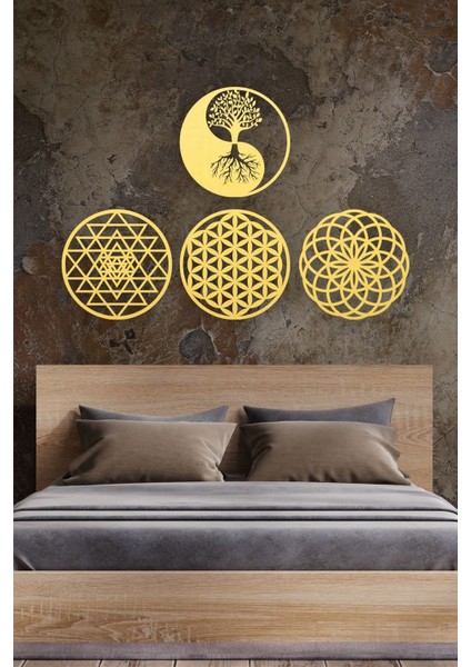 Spiritüel 4'lü Duvar Seti, Yaşam Çiçeği, Yantra, Torus ve Yin Yang Motifleri fırsatları