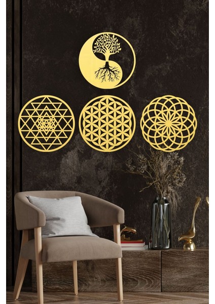 Spiritüel 4'lü Duvar Seti, Yaşam Çiçeği, Yantra, Torus ve Yin Yang Motifleri indirimleri