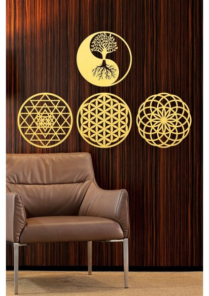 Spiritüel 4'lü Duvar Seti, Yaşam Çiçeği, Yantra, Torus ve Yin Yang Motifleri