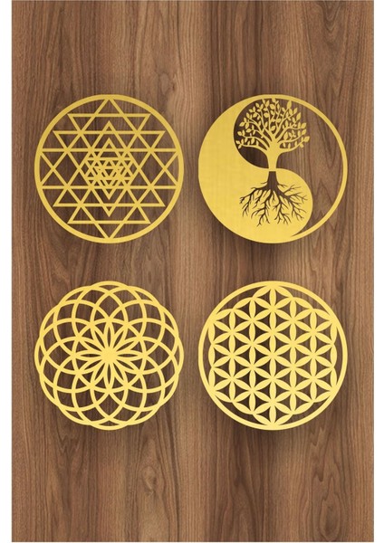 Spiritüel 4'lü Duvar Seti, Yaşam Çiçeği, Yantra, Torus ve Yin Yang Motifleri