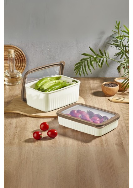 Vakumlu Dikdörtgen Saklama Kabı, Derin, Küçük, 1x2,7l ve 2x1,5l, Bej Renk