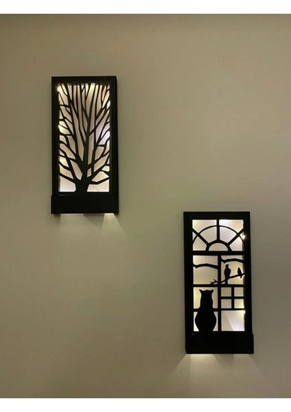 Iki Li Peri Ledli Masif Ahşap Duvar Süsü 18X36 Tablo Gece Lambası Ev Dekorasyonu