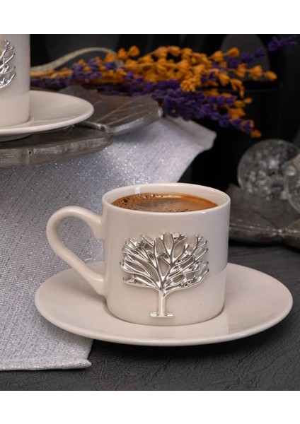 2 Kişilik Porselen Hayat Ağacı Platin Gümüş Kabartma Motif Kahve Fincan Takımı 100 ml modelleri