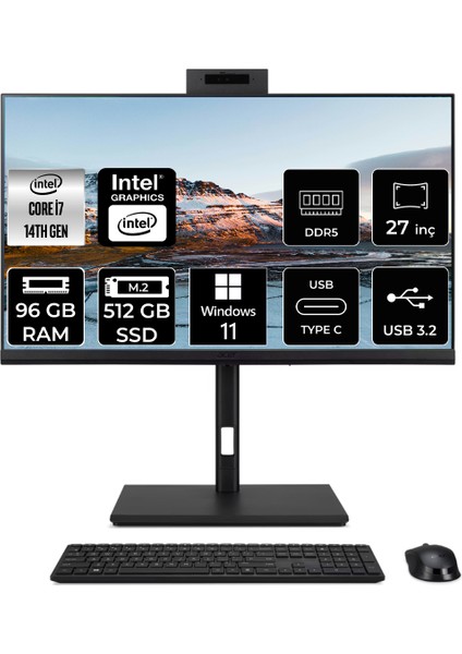 Veriton 4000 Intel Core I7 14700 96GB 512GB SSD 27" Fhd W11P All In One Bilgisayar & Per4 USB Bellek DQR23EM003P417