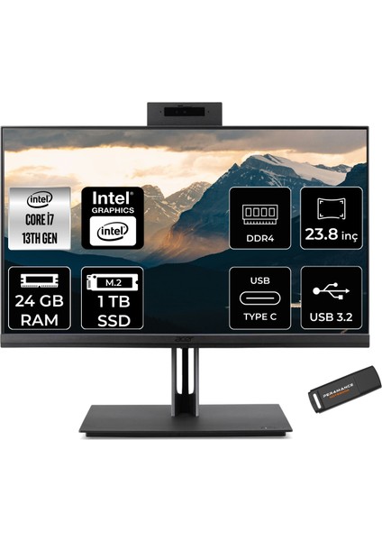Veriton 4000 Intel Core I7 13700 24GB 1tb SSD 23.8" Fhd Fdos All In One Bilgisayar & Per4 Bellek DQR03EM00GP323
