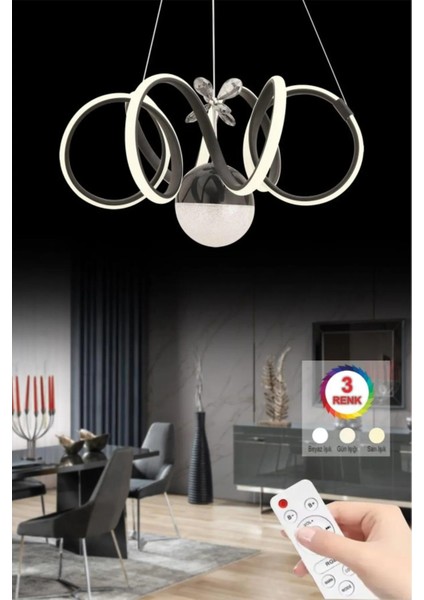 Istanbul Avize Aura Siyah Kumandalı Ledli Modern 3 Renk LED Avize