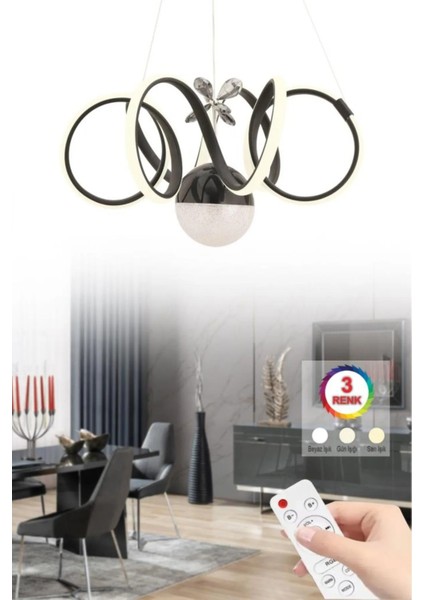 Istanbul Avize Aura Siyah Kumandalı Ledli Modern 3 Renk LED Avize