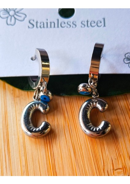 Gümüş Renk C Harfi Lüks Gösterişli Klips Küpe