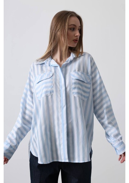 Cep Detaylı Oversize Mavi Çizgili Gömlek