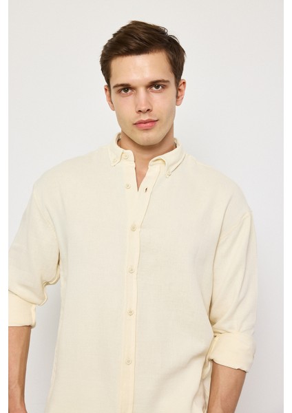 Yüz Pamuk Oversize Muslin Keten Uzun Kollu Gömlek