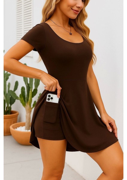 Kadın Kısa Kollu Kare Yaka Short Detaylı Cepli Dalgıç Elbise