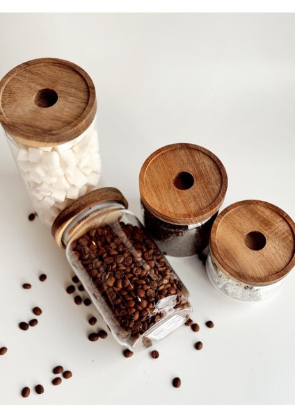 Şeffaf Cam Saklama Kabı, Ahşap Kapak, 700 Ml, Şık ve Dayanıklı Tasarım