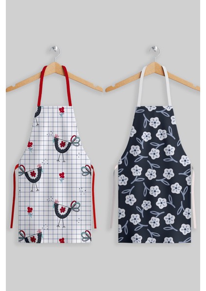 Gri Çiçekli 2'li Mutfak Önlüğü Seti, Şık ve Kullanışlı Tasarım