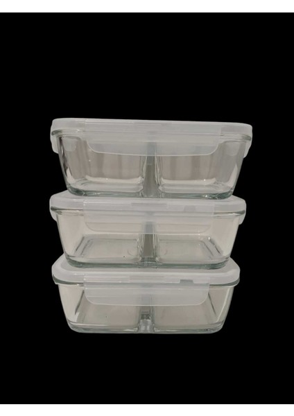 Cam Bölmeli Saklama Kabı 3'lü Set 720CC Beyaz Kapaklı