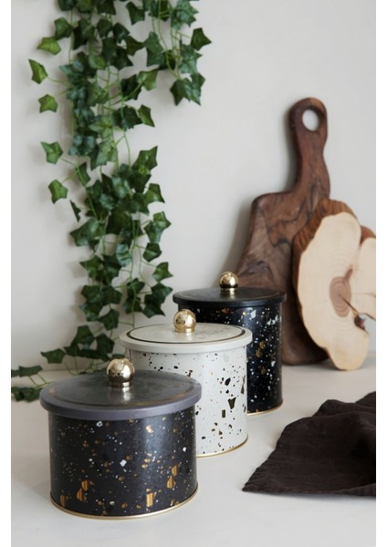 Yuvarlak Kutu Ø140, Topuz Kulp, 3'lü Set, Terrazzo, Kahverengi